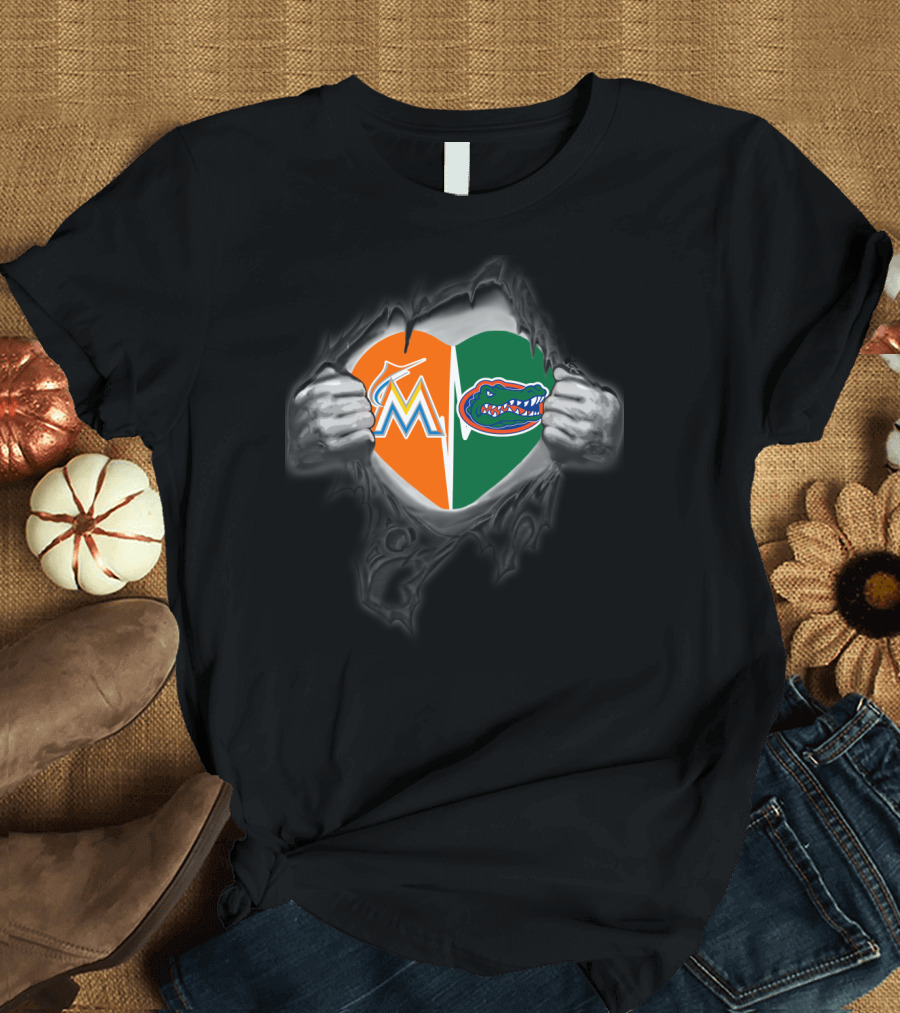Marlins Gators Heart Split Logo Combo T-Shirt