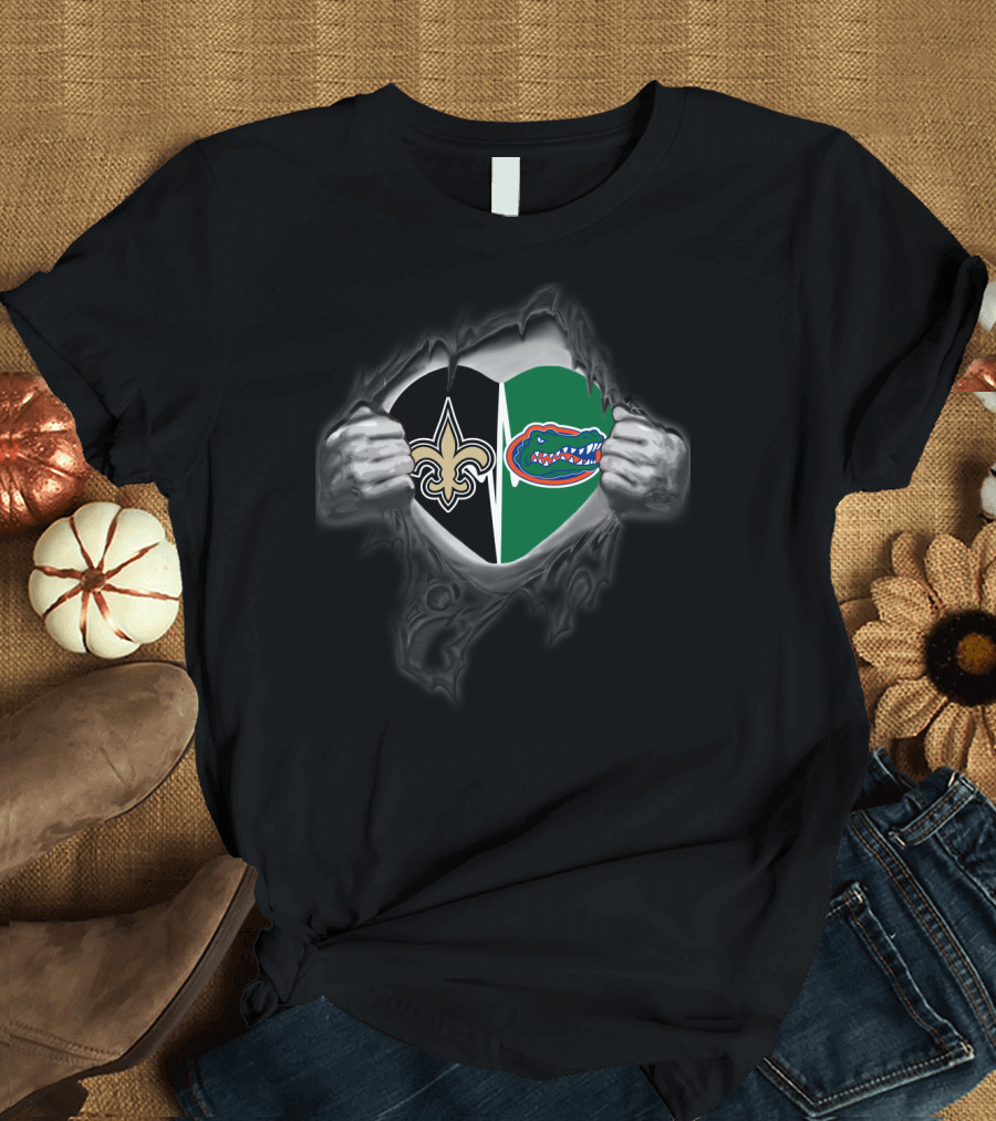Saints Fleur-de-lis and Florida Gators Logo Heart T-Shirt