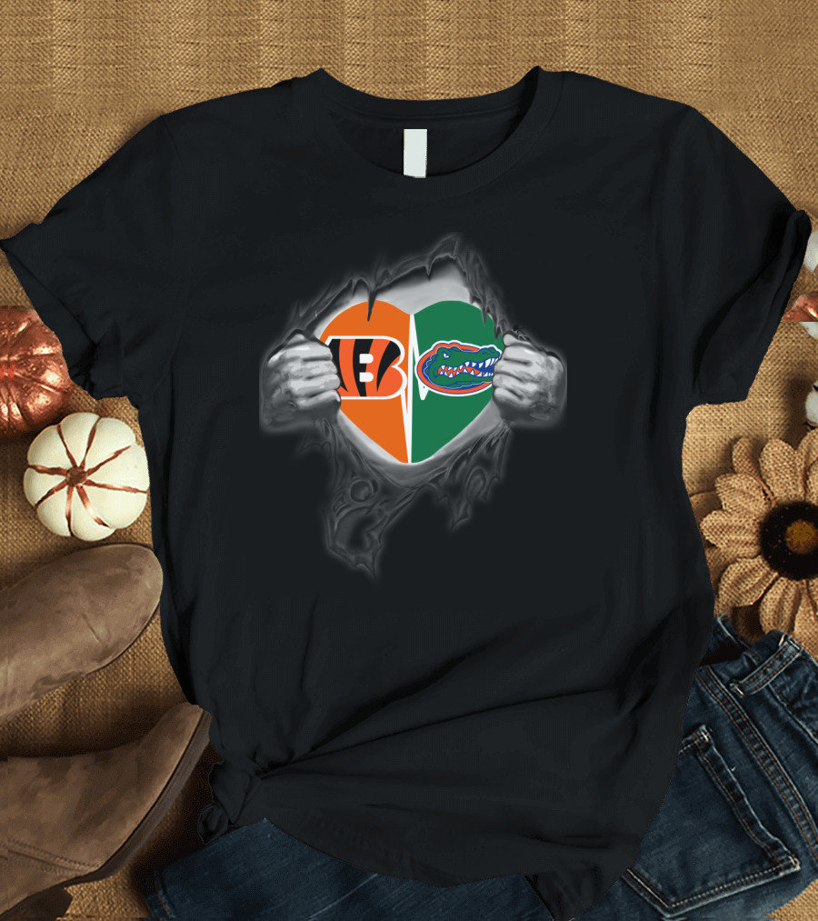 Bengals Gators Heart Logo Split with Tear Effect T-Shirt