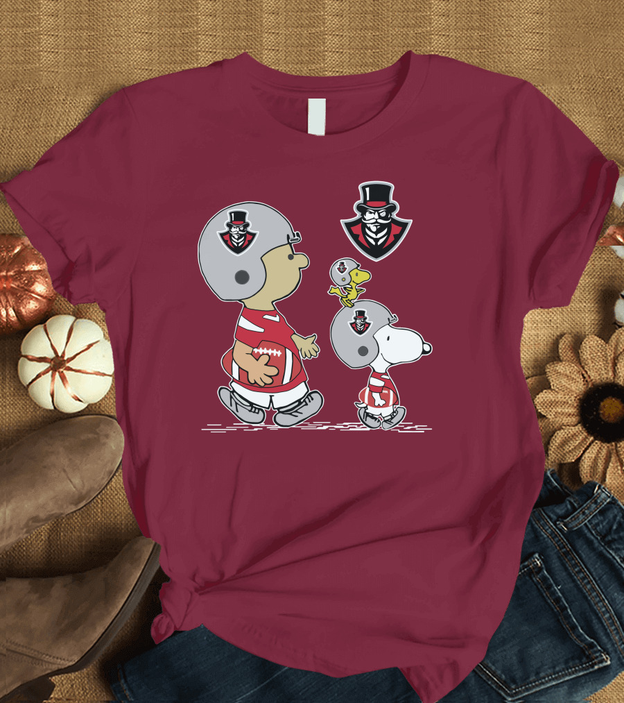 Austin Peay Governor Mascot with Snoopy and Woodstock Football Helmets T-Shirt