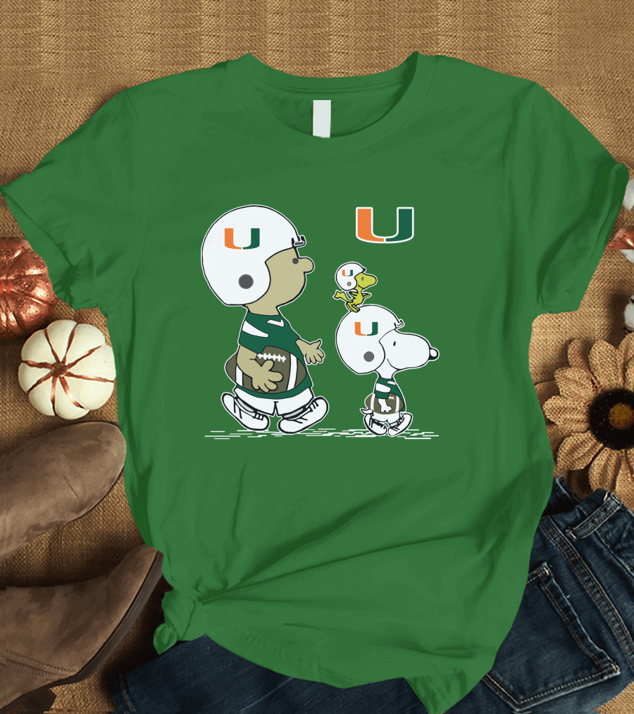 Miami Hurricanes Snoopy and Woodstock Football Helmets Peanuts Comic T-Shirt
