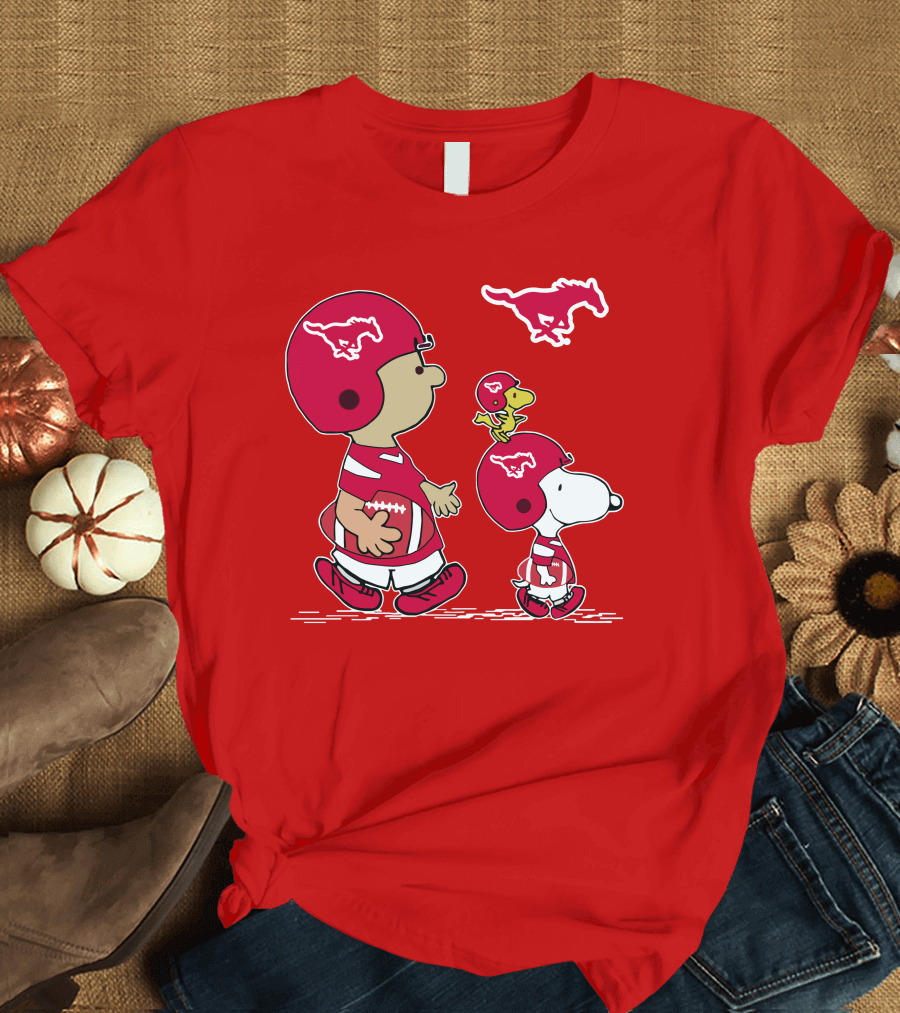 SMU Snoopy Football Peanuts Characters in Red Helmets with Mustang T-Shirt
