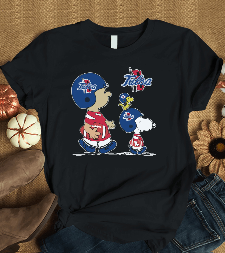 Tulsa Snoopy Football Helmet and Woodstock Walking with Rugby Ball T-Shirt