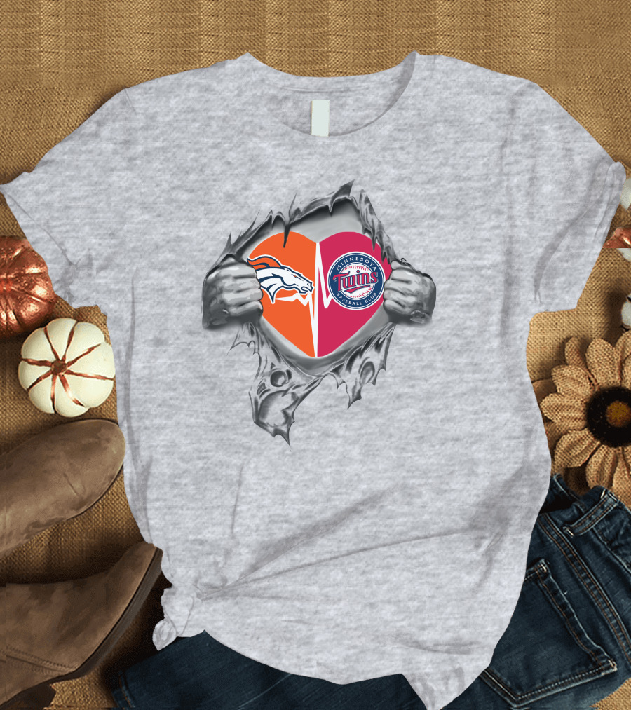 Broncos Twins Heart Emblem Broncos Logo Twins Baseball Football Passion T-Shirt
