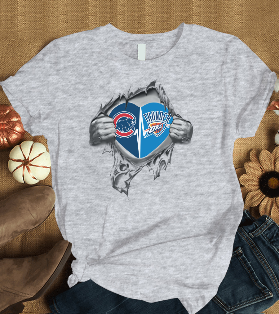 Cubs Thunder Heart Split - Chicago Cubs OKC Thunder Fan Passion T-Shirt