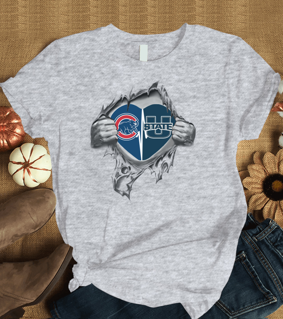 Cubs Utah State Heart Design with Logo and Fan Support T-Shirt