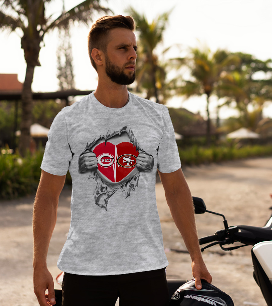 San Francisco 49ers And Cincinnati Reds Heart Tear T-Shirt