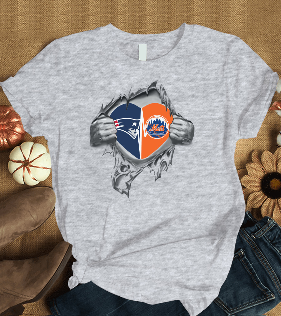 Patriots Mets Heart Design Featuring Iconic Logos and Split Color Scheme T-Shirt