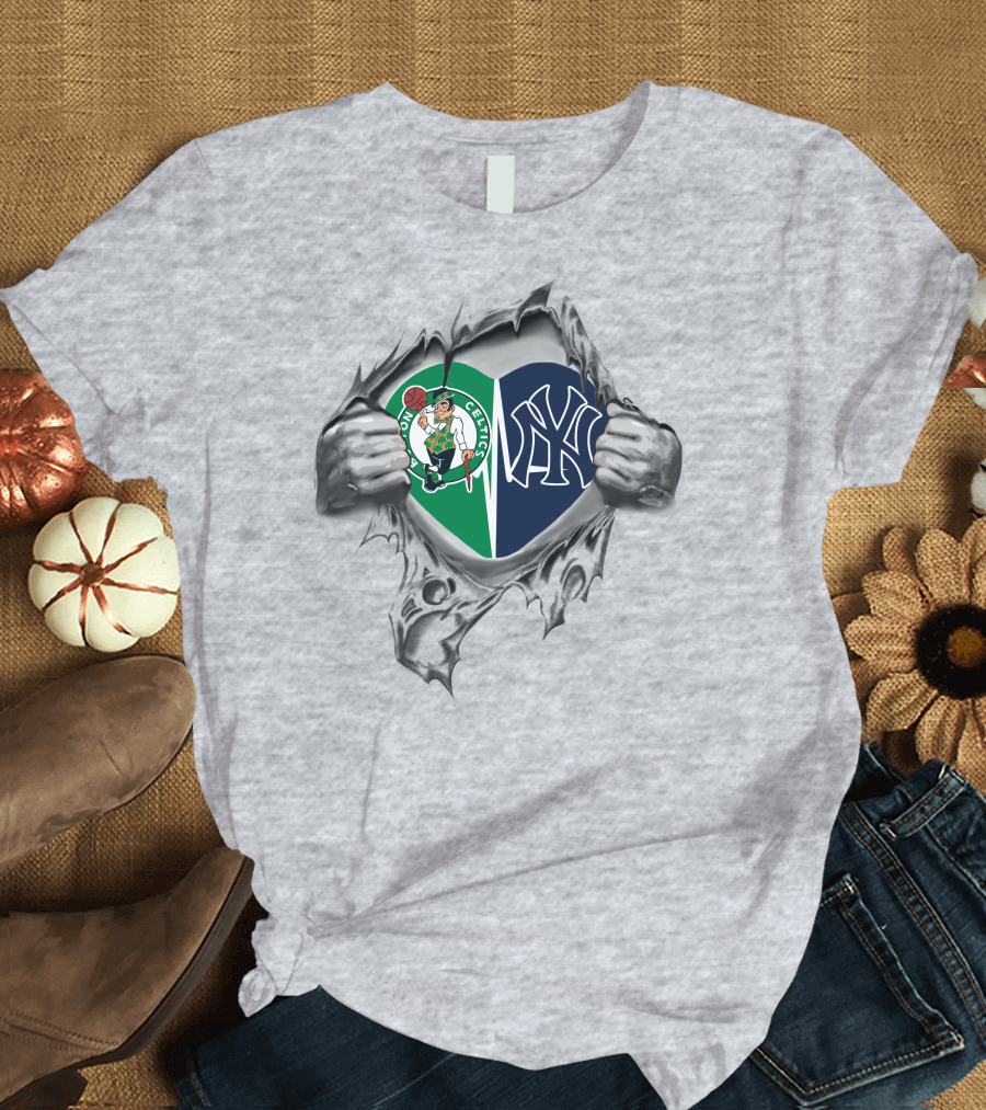 Celtics Yankees Heart Celtics Logo Yankees Emblem T-Shirt
