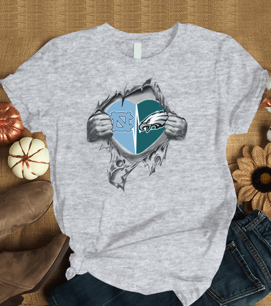 Eagles Tar Heels Heart Design with Hands Tearing Background T-Shirt