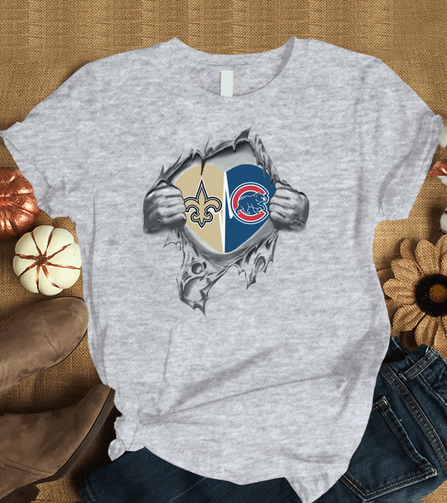 Saints Cubs Heart Split with Fleur-de-Lis and Bear T-Shirt