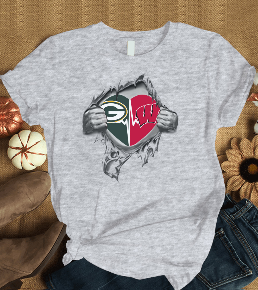 Green Bay Packers Wisconsin Badgers Heartbeat Fusion T-Shirt