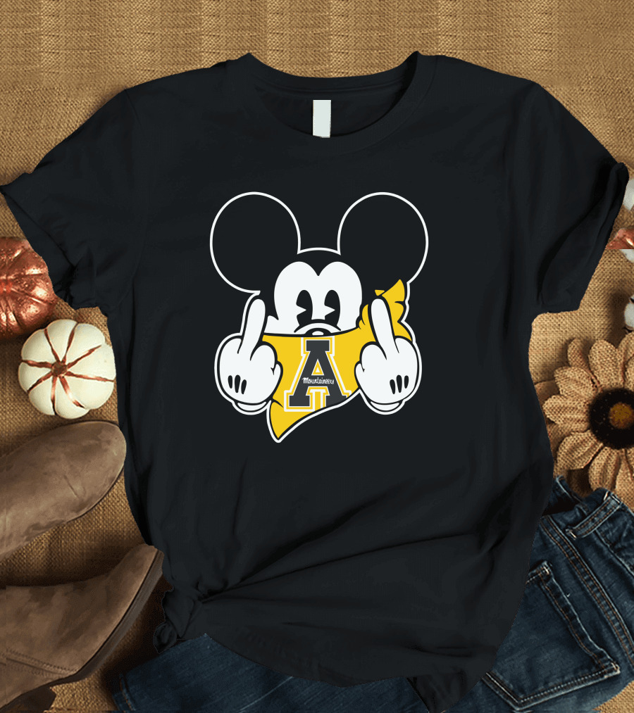 Appalachian State Mountaineers Mickey Iconic Gesture Black and Yellow Graphics T-Shirt