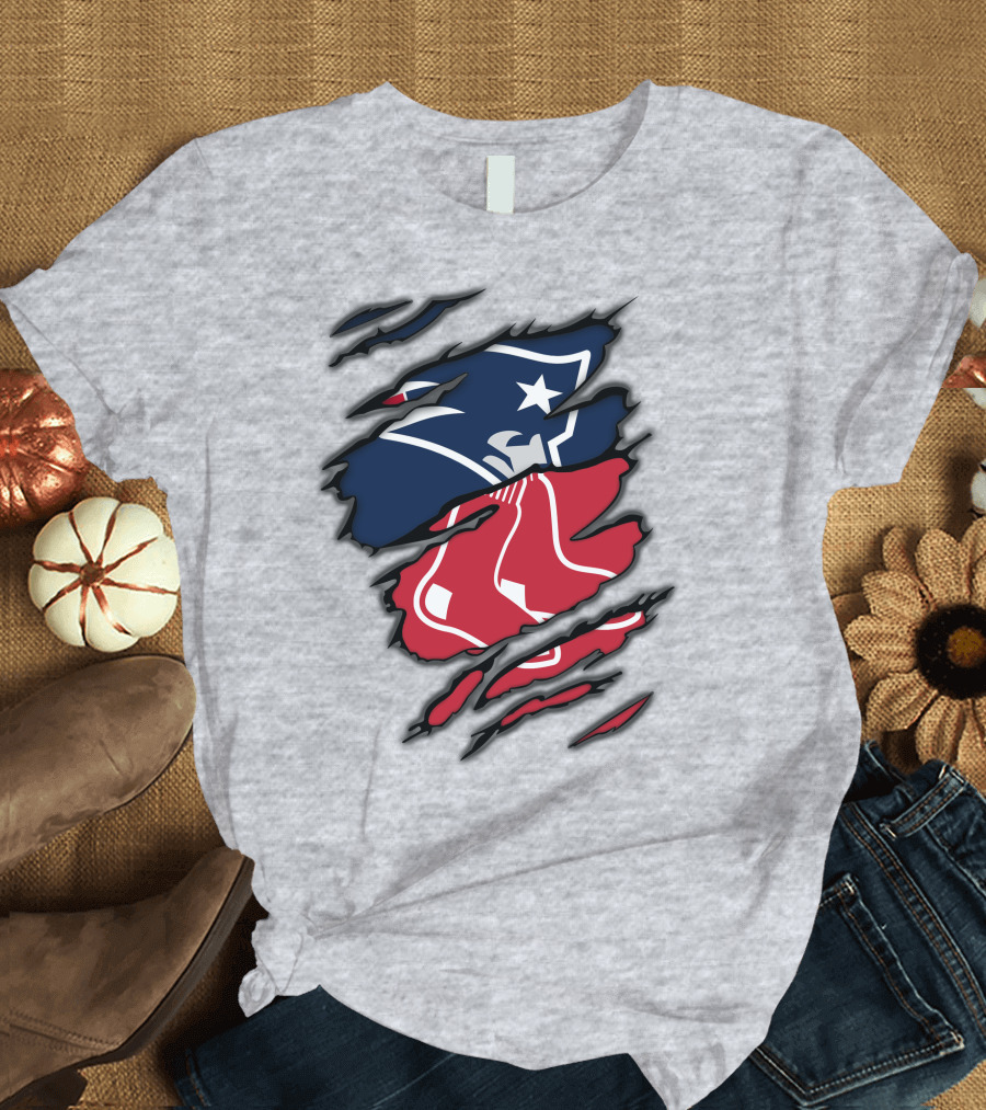 Patriots Red Sox Logo Mashup on Torn Background T-Shirt