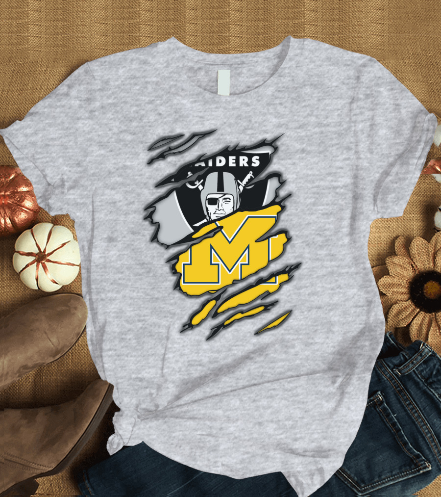 Raiders Logo With Michigan Block M Torn Overlay T-Shirt