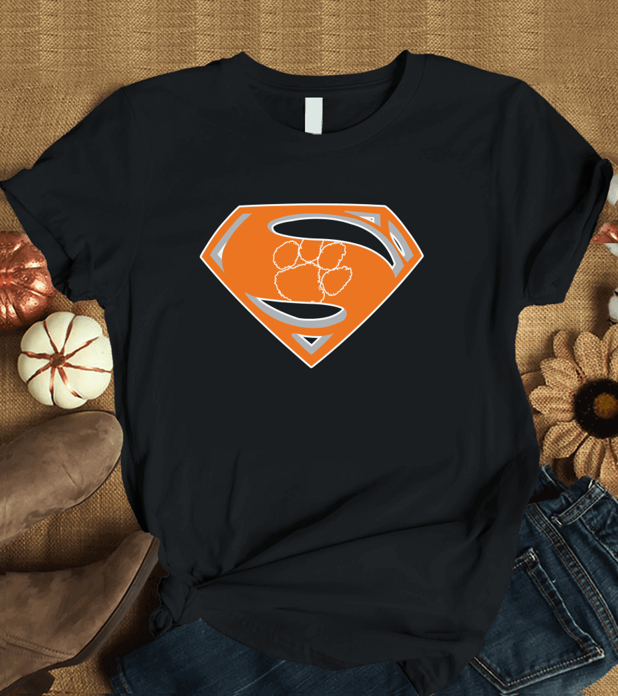 Superman Logo with Clemson Tigers Paw T-Shirt