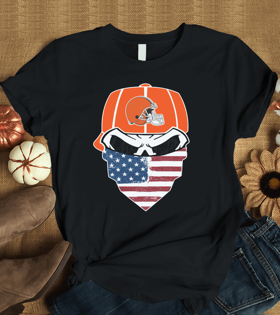 Cleveland Browns Skull American Flag Bandana T-Shirt