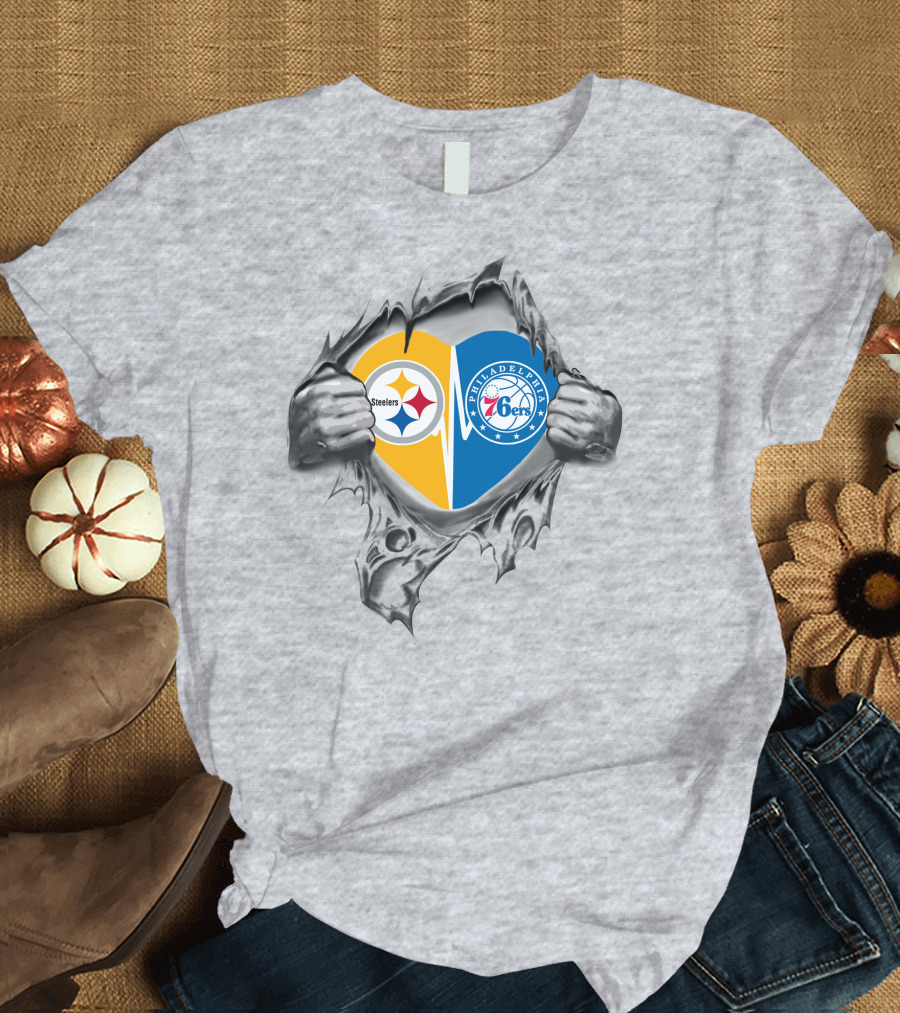 Steelers 76Ers Philadelphia Heart Logos Hidden Behind Rip Effect T-Shirt
