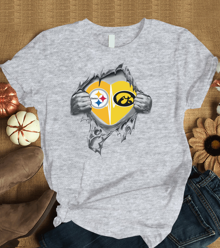 Steelers Hawkeyes Heartbeat Inside Layered Heart T-Shirt