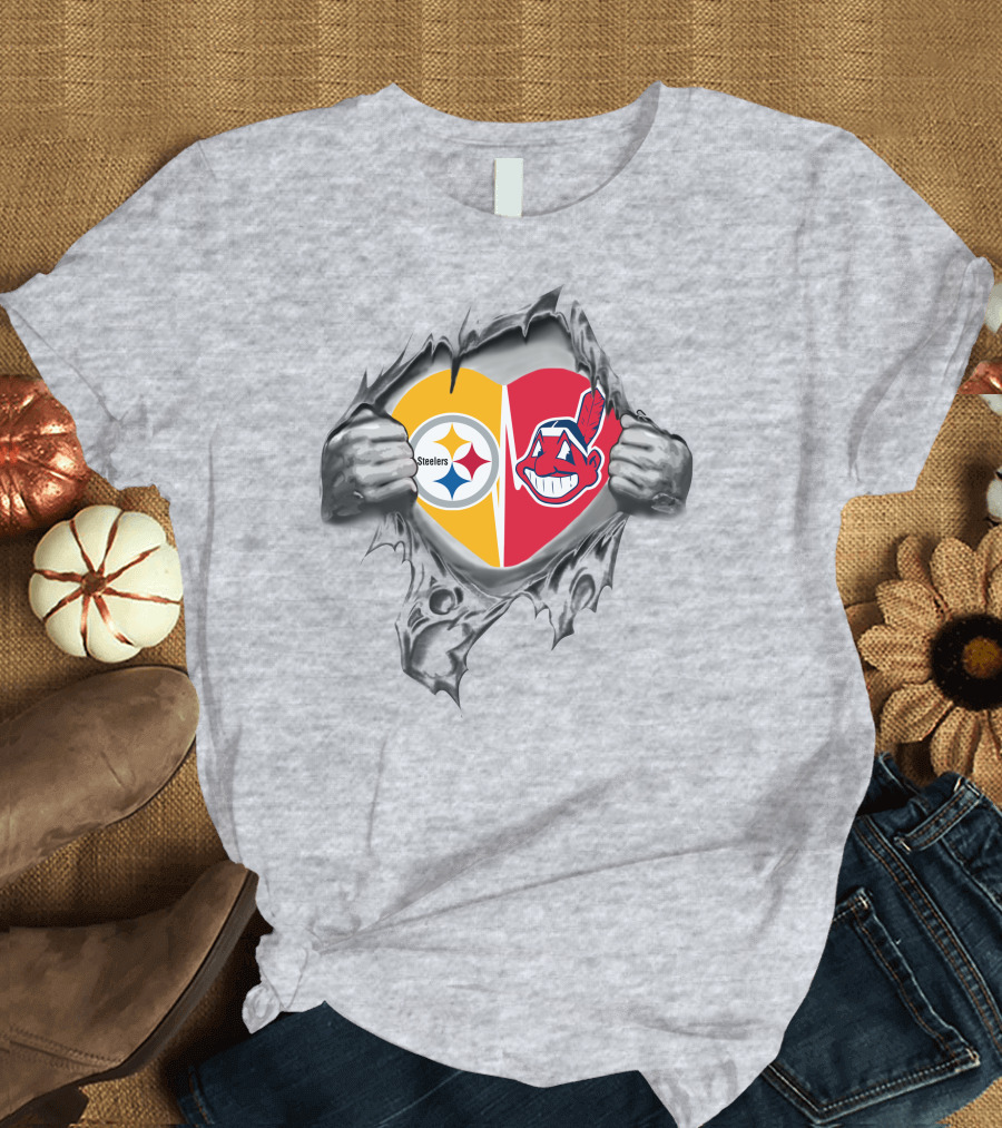 Steelers Indians Heart Split Logo Inside Ripped Hands T-Shirt