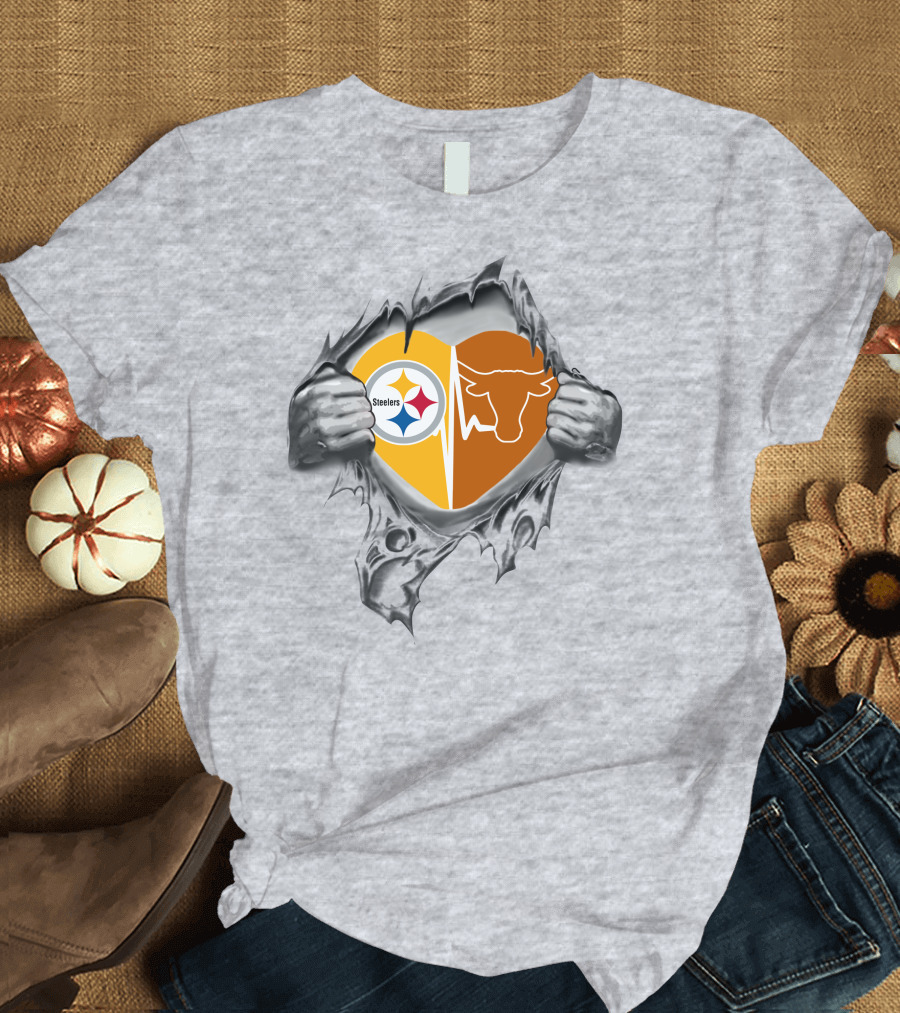 Steelers Longhorn Dual Heart Design with Team Logos in My Heart T-Shirt