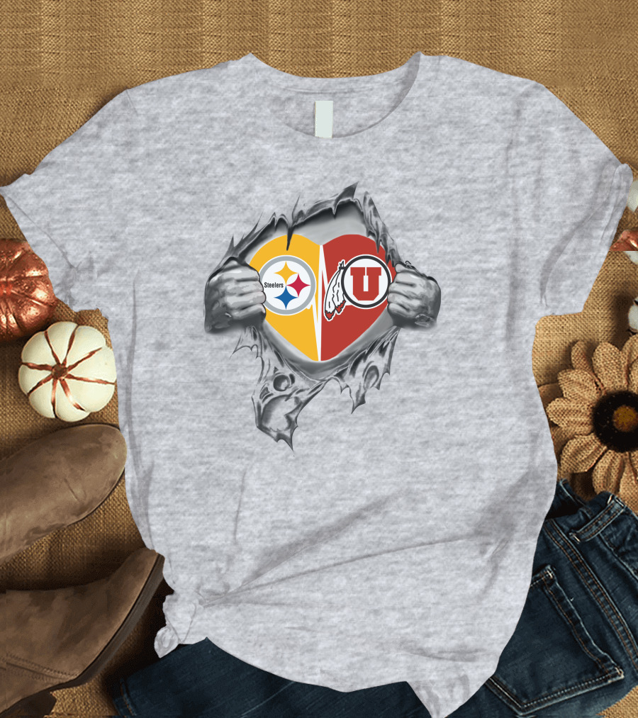 Steelers and Utah Utes Split Heart Design Hidden Beneath Torn Fabric T-Shirt