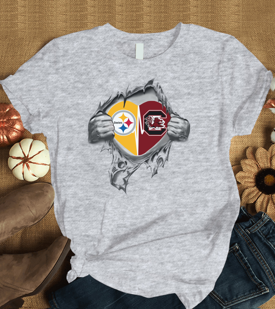 Steelers Gamecocks It's In My Heart Logo Combination T-Shirt