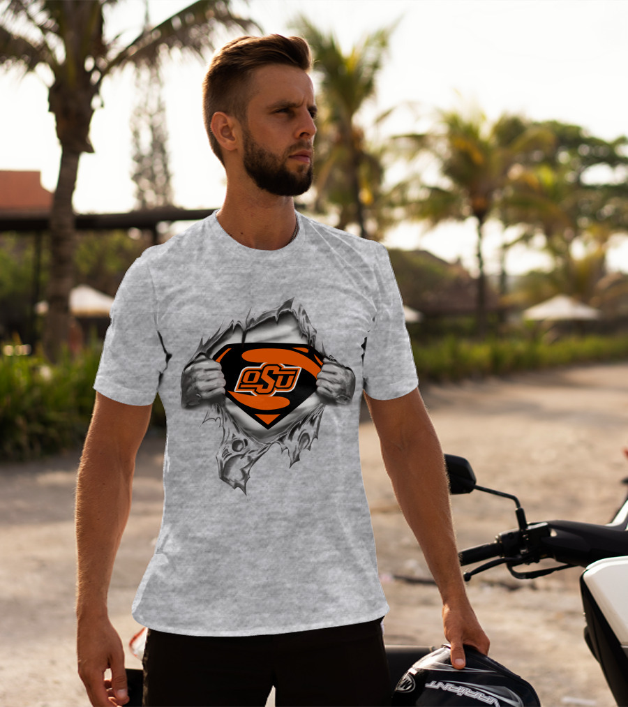 Osu Oklahoma State Cowboys Super Man Logo Rip T-Shirt