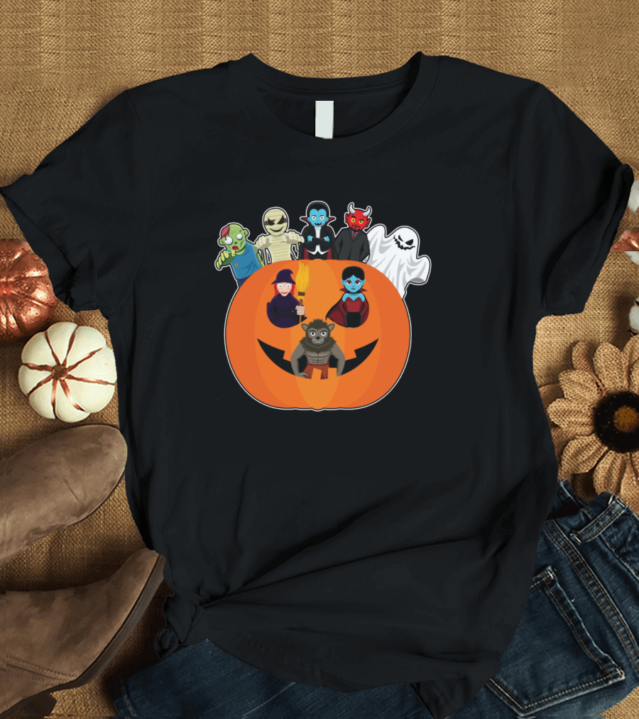 Halloween Vampire Witch Ghost Skull Pumpkin with Devil Wizard Spirits T-Shirt