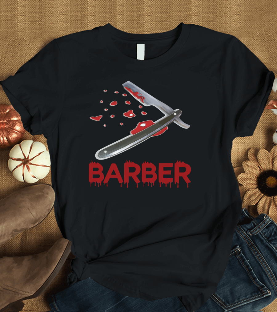Halloween Barber Straight Razor Blood Drips T-Shirt
