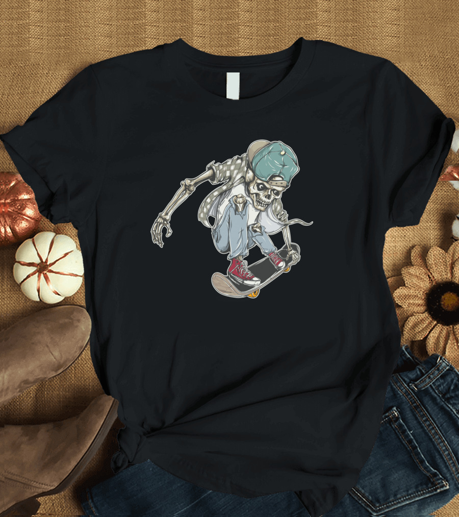 Halloween Skeleton Skateboarding Skull Trick Urban Streetwear T-Shirt