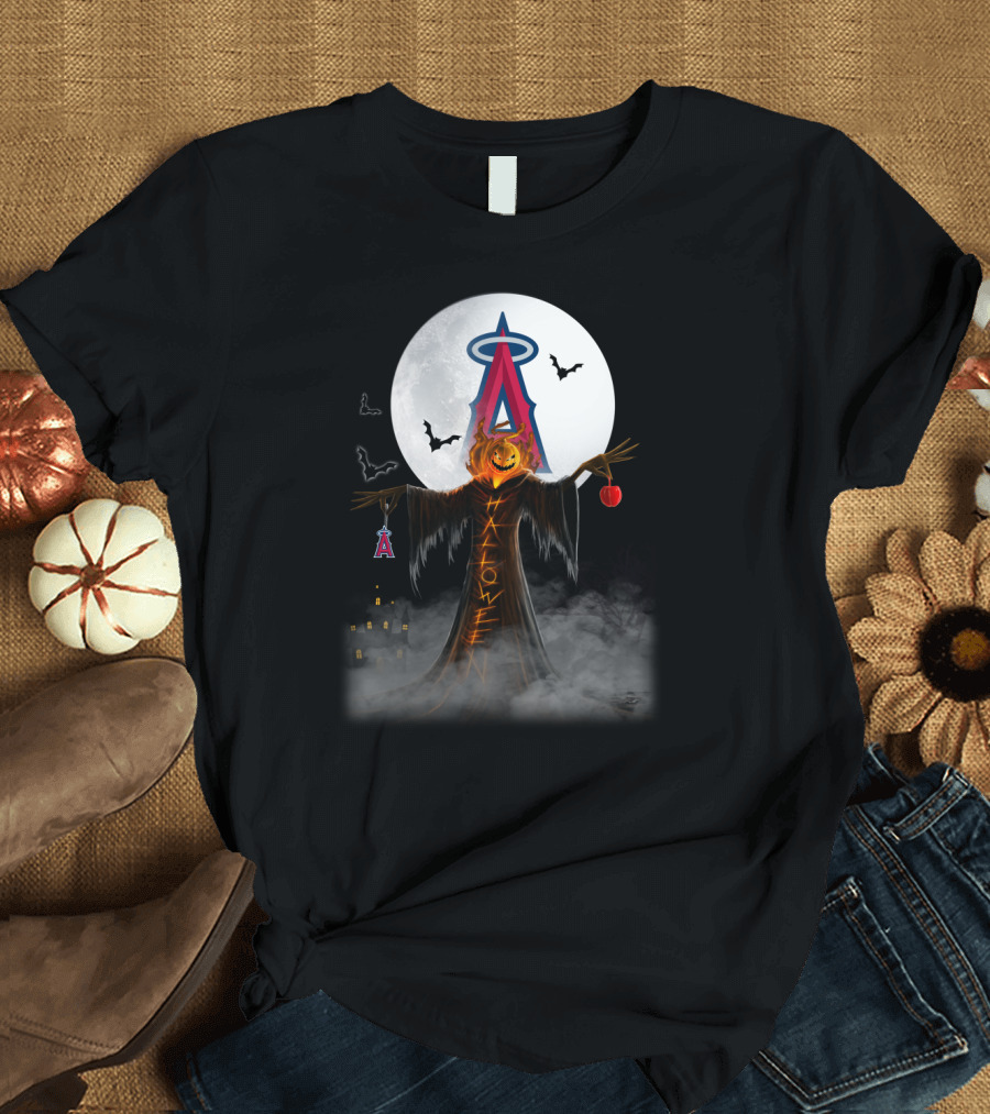 Los Angeles Angels Halloween Jack-O'-Lantern with Bats and Moon T-Shirt