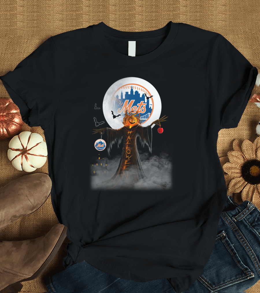 New York Mets Pumpkin Head Halloween Theme with Moon, Bats, and Spooky Castle T-Shirt