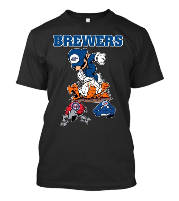 Brewers Cartoon Character In Blue Cap Stomping Orange And Red Creatures T-Shirt