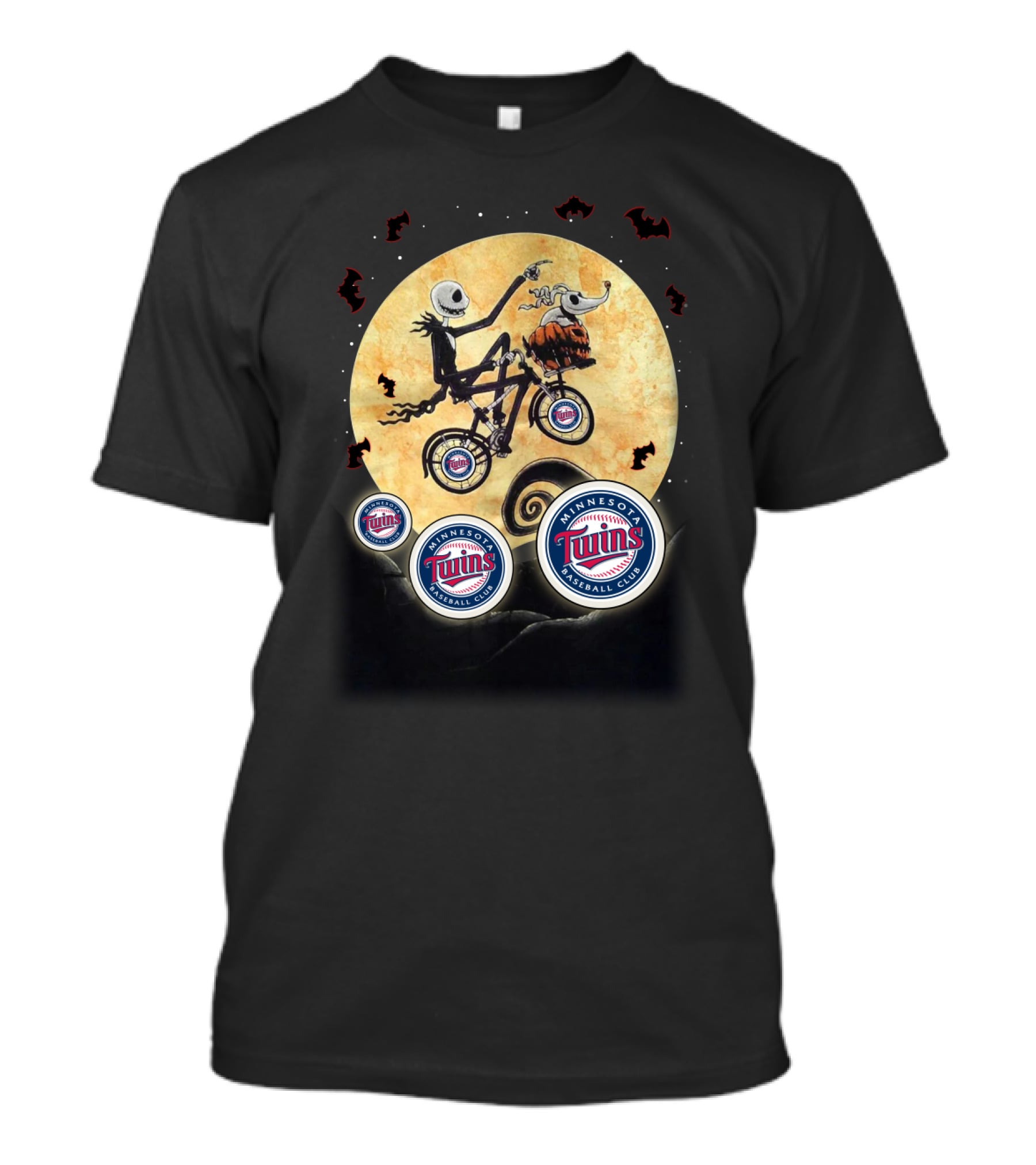Minnesota Twins Halloween Featuring Iconic Skeleton Biking Under Full Moon With Team T-Shirt