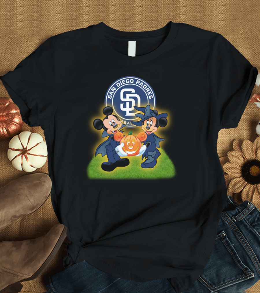 San Diego Padres Halloween Baseball Mickey Minnie Pumpkin T-Shirt