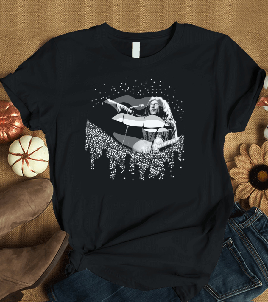 Bob Marley Black and White Lips with Guitar and Sparkle T-Shirt