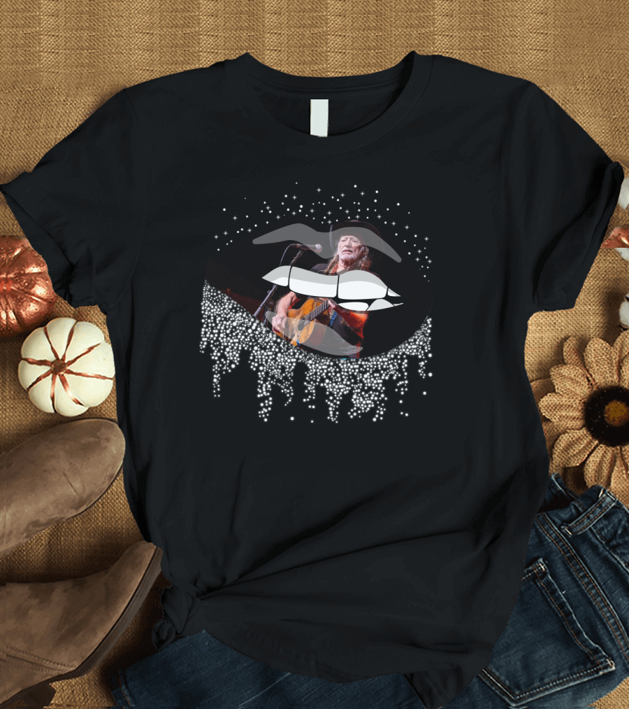 Willie Nelson Lips With Guitar And Sparkling Drips T-Shirt