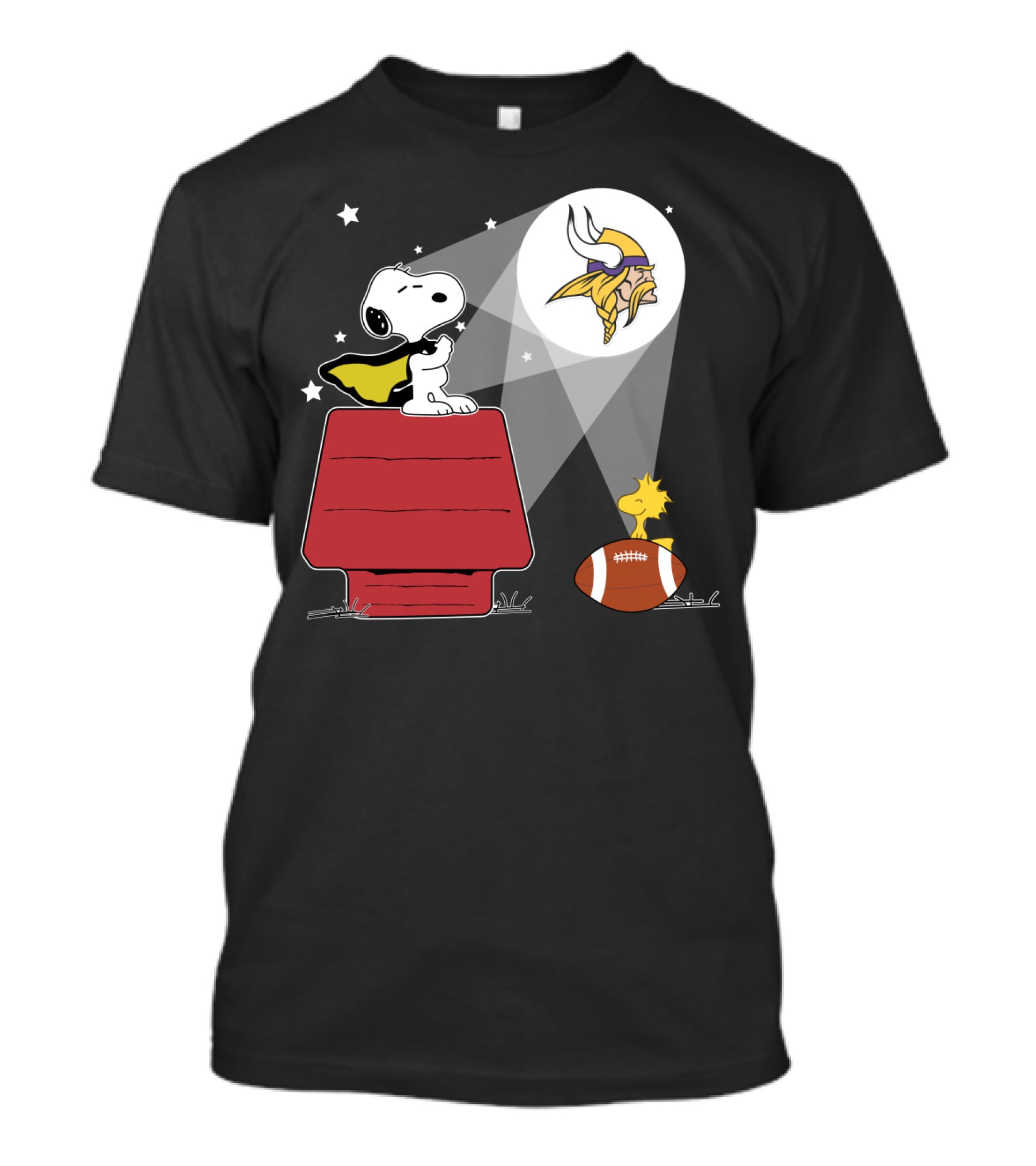 Snoopy Minnesota Vikings Fan Spotlight With Woodstock And Football T-Shirt
