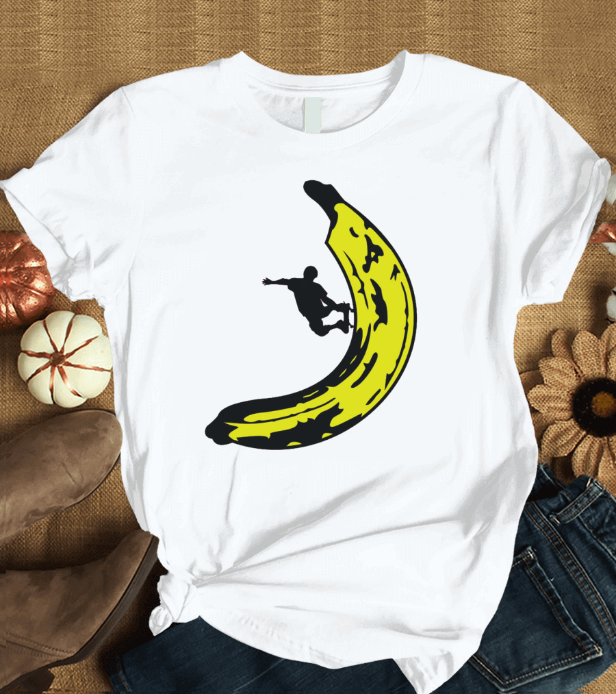 Banana Shaped Skateboard Ramp with Silhouette Skater Jumping T-Shirt