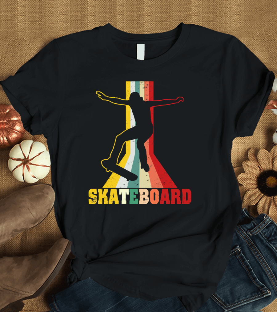 Retro Skateboard Silhouette with Vintage Color Stripes T-Shirt