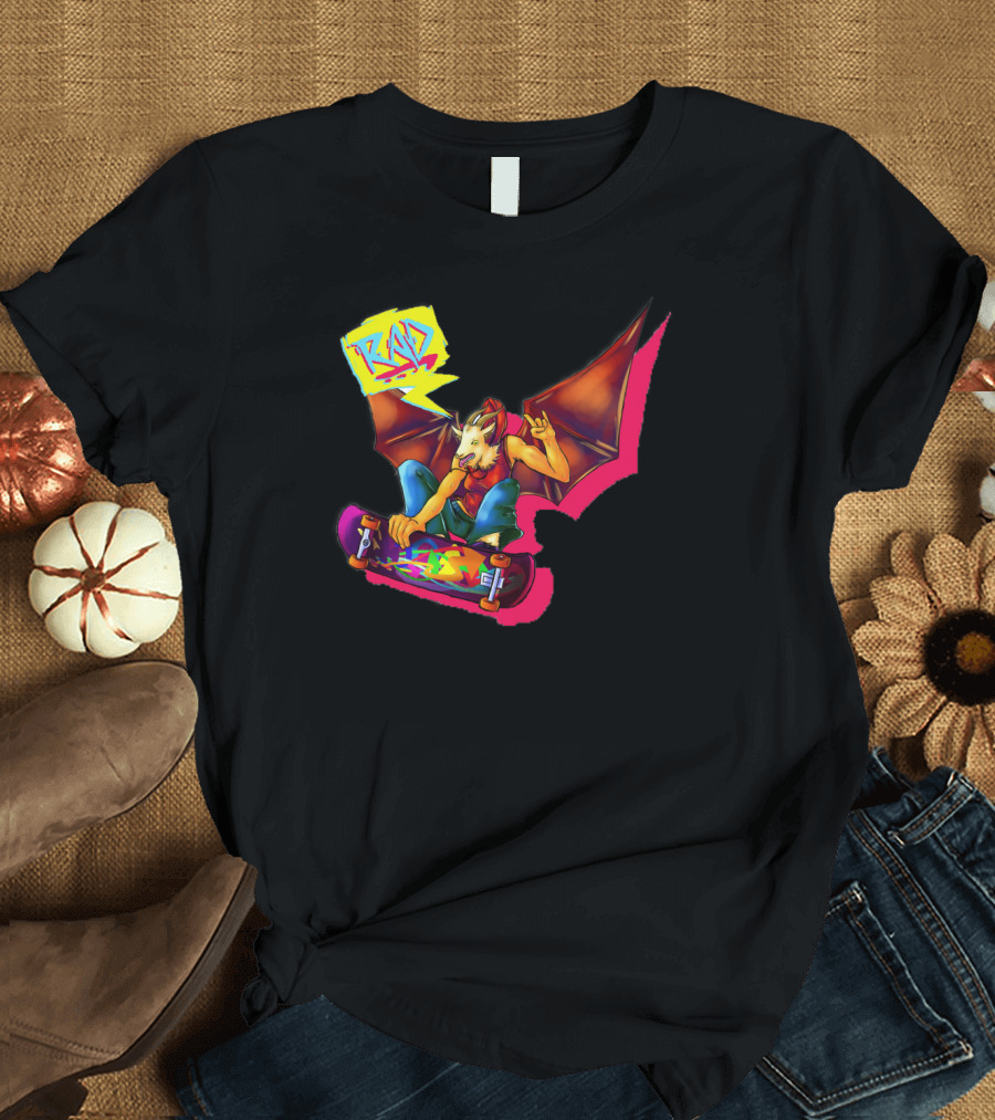 RAD Bat-Winged Skateboarder with Neon Graffiti Aesthetic T-Shirt