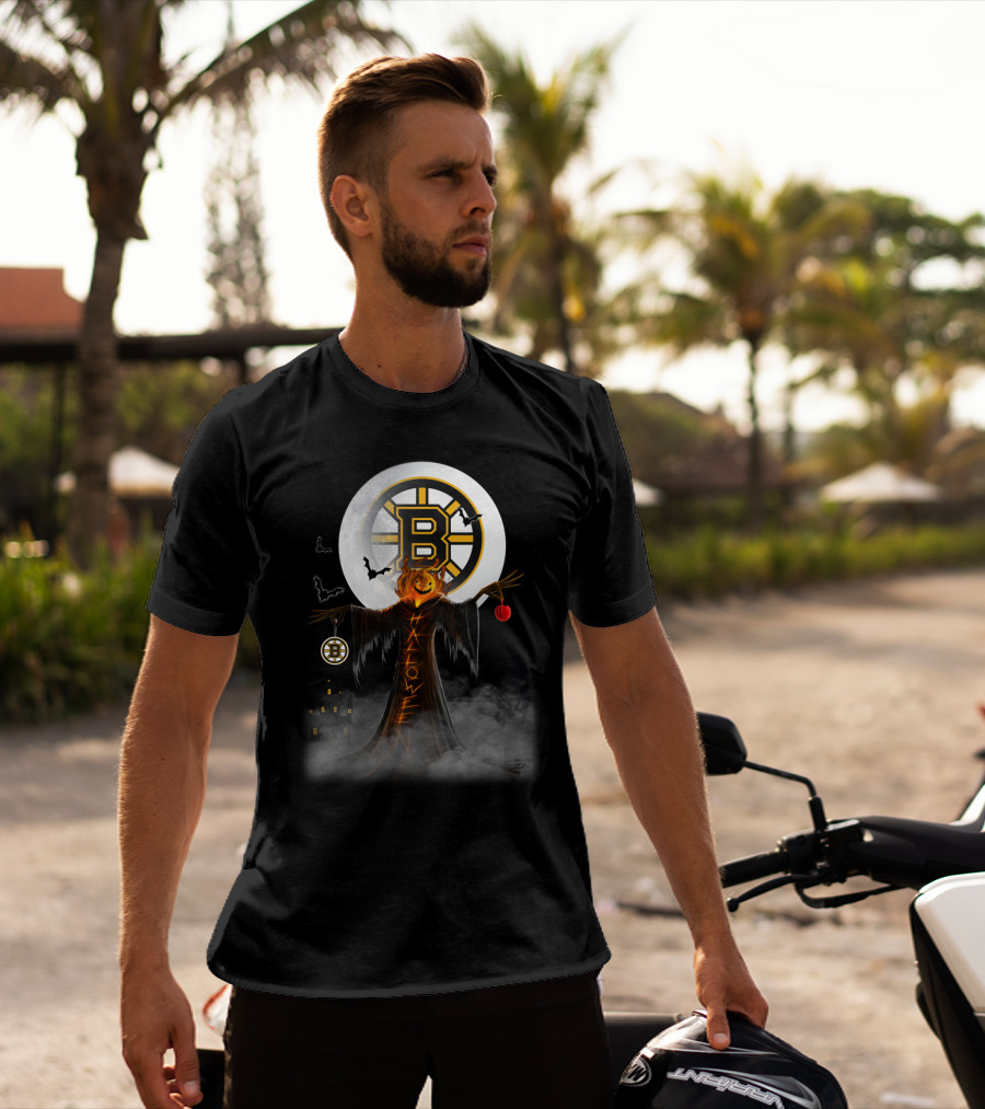 Halloween Boston Bruins Spooky Pumpkin Moon Bats T-Shirt