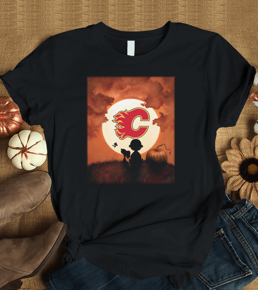 Calgary Flames Halloween Moon and Pumpkin T-Shirt
