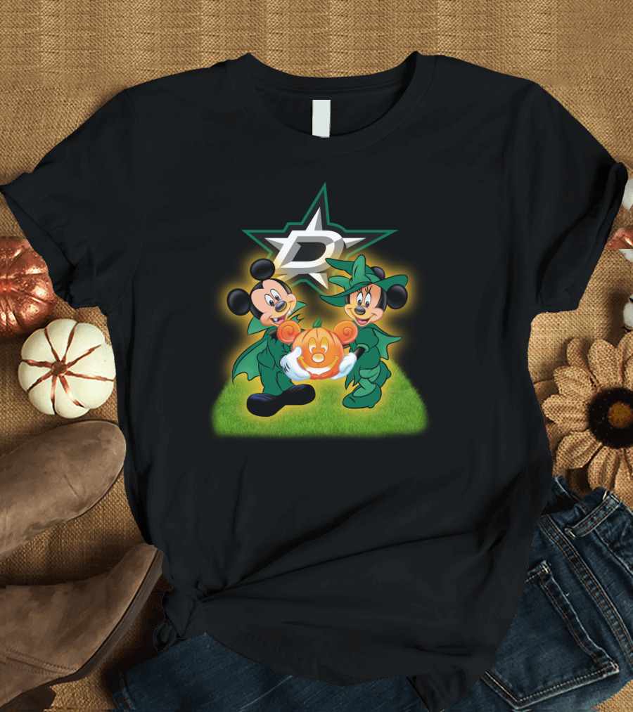 Dallas Stars Halloween Mickey and Minnie with Pumpkin on Grass Background T-Shirt