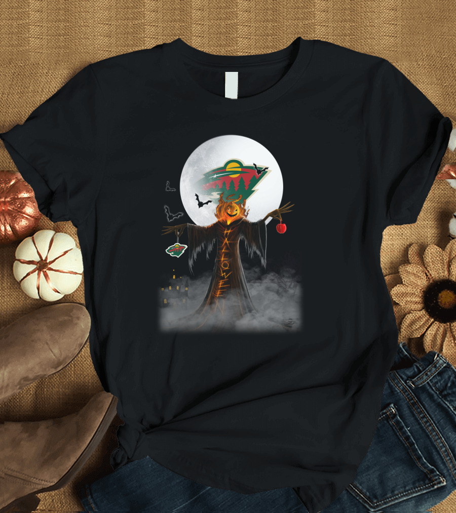 Halloween Pumpkin Scarecrow with Minnesota Wild Logo and Bats in Moonlit Haunted Scene T-Shirt