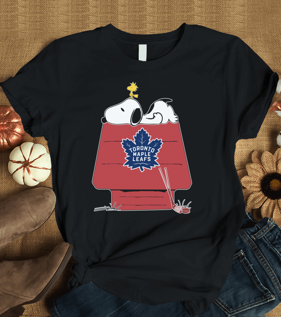Snoopy and Woodstock with Toronto Maple Leafs Logo on Red House with Hockey Sticks T-Shirt