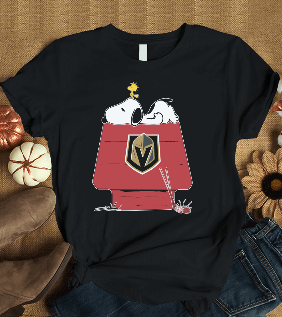 Snoopy Relaxing on Doghouse with Vegas Golden Knights Logo Featuring Hockey Sticks and Woodstock T-Shirt
