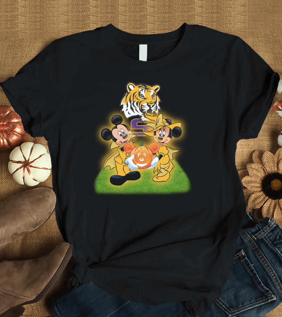 LSU Football Halloween Mickey and Minnie with Pumpkin Tiger T-Shirt