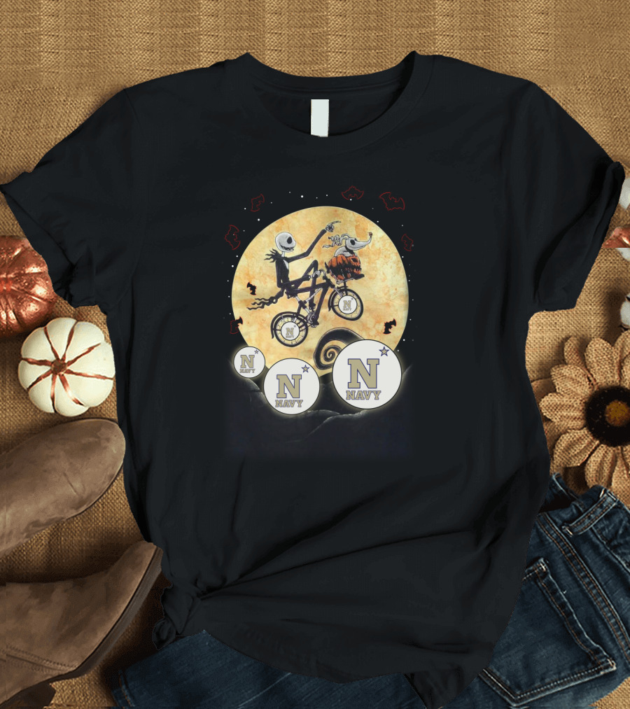 Navy Halloween Football Moon Cycling Scene with Stars and Bats T-Shirt